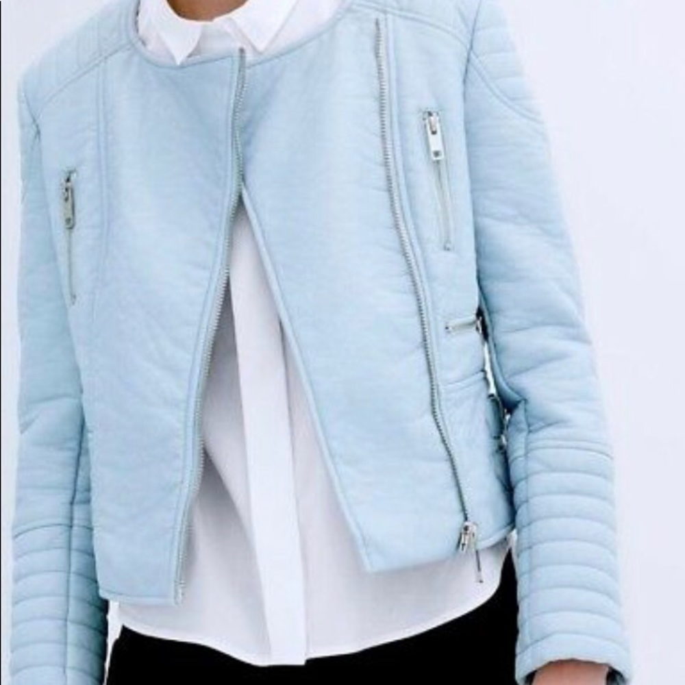 Powder/Baby Blue Leather (Faux) Biker Jacket